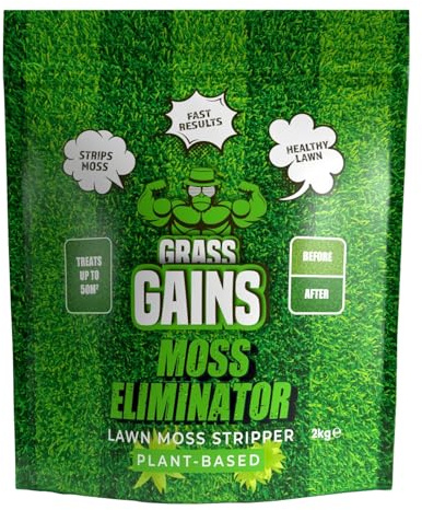 Grass Gains Premium Organic Moss Eliminator, Plant Based Moss Remover, Eco-Friendly Lawn Moss Control, Fast Results, Specifically Engineered Lawn Care - 2KG, Coverage 50m2