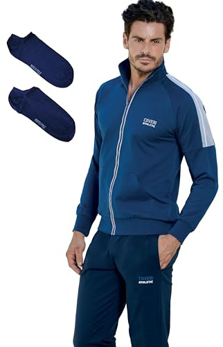 Tuta Completa Uomo Estiva + CALZINI OMAGGIO , Cotone Garzato leggero Sportiva Mezza Stagione Collo alto Zip M-XXL relax attività fisica (IT, Testo, XL, Regular, Regular, JEANS 139)