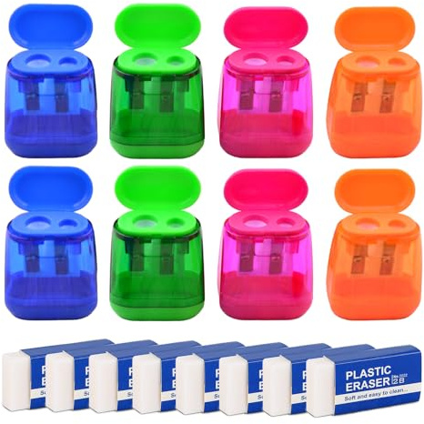 TSHAOUN Lot de 8 taille-crayons colorés à deux trous avec couvercle et 8 gommes blanches pour enfants, adultes, école, bureau