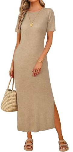 Arach&Cloz Womens Summer Wool Blend T Shirt Maxi Dress 2026 Spring Casual Short Sleeve Crew Neck Slit Fashion Sweater Knit Long Dresses Trendy Travel Vacation Outfits Kahki M