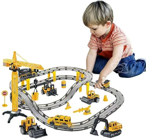 BASAMOU Circuit Voiture Electrique Enfant 3 4 5 6 7 8 9 Ans, Jouet Train Électrique Enfant Piste Course, Jeux Véhicules Garçon Fille Cadeau d'anniversaire Pâques (avec 4 Voitures Aléatoires+Chariot)