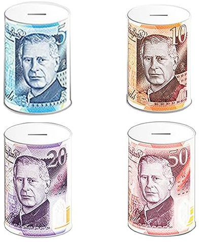 KAV King Charles Large Money Saving Tin Box (15 CM) - Multicoluor Coin Bank, Perfect Piggy Bank for Kids & Adults for Saving Coins & Notes, British Banknote Design - Pack of 4