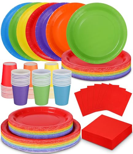 Vajilla de papel de neón de colores, 240 unidades, 60 platos y ensaladas, 60 tazas, 60 servilletas reutilizables, juego de vajilla navideña