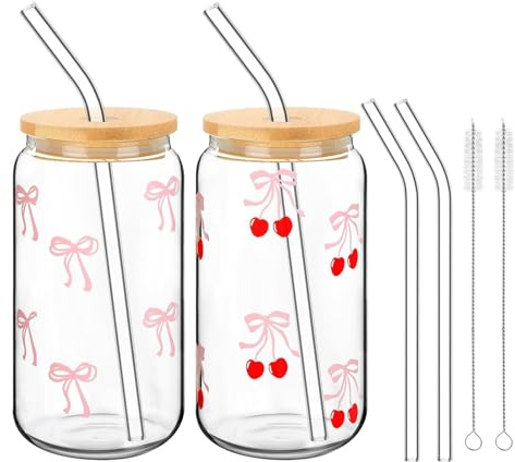 2 st glaskoppar på 500 ml med lock och sugrör, glaskopp, dryckesglas, rosa fjäril, rosa grejer, present till bästa vännen, glas med rosett estetiska saker för smoothie, kaffe, cocktails, te, 2 st
