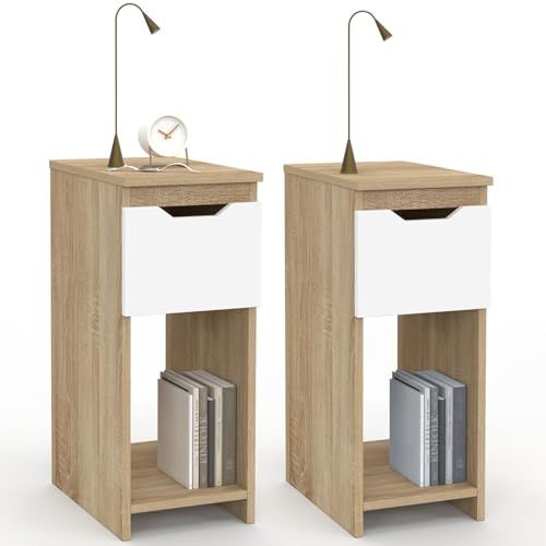IDMarket - Lot de 2 Tables de Chevet étroites Anouk 1 tiroir avec Niche Bois façon hêtre et Blanc