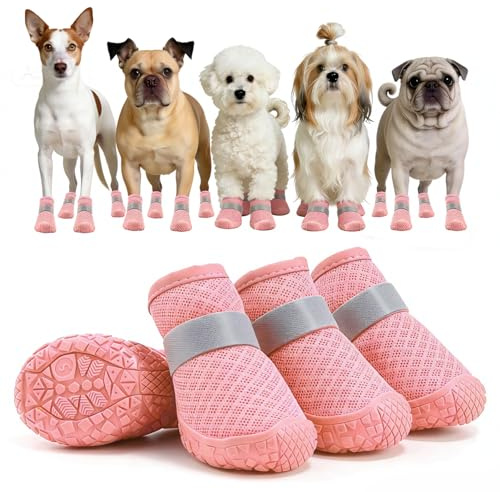 UTXN Small Dog Boots (4 Pcs), Lightweight Mesh Paw Protectors for XS Dogs, Adjustable Non-Slip Shoes for Walking & Injured Paws(Pink)(Paw Length 5.3cm,Width 4.8cm)