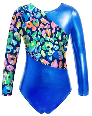 KHASCBNF Gymnastik trikåer för flickor flickor glänsande gymnastisk trikåer balett bodysuit nät långärmad nyckelhål rygg metallisk kontrast figur skridskoåkning overall (blå, 6)