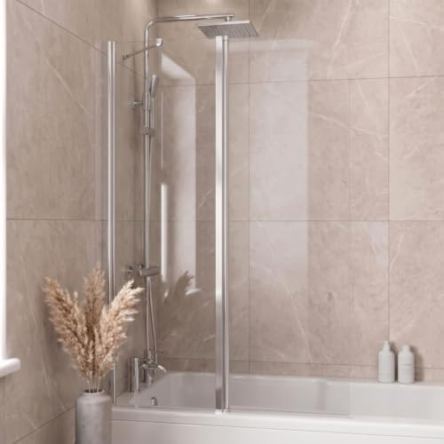 Luxura® Folding Bath Shower Screen 1000 x 1400mm 2 Panel Chrome Frameless | 6mm Clear Toughened Safety Glass, 180° Pivot Hinged, Reversible Over Bath Glass Screen, Splash Guard