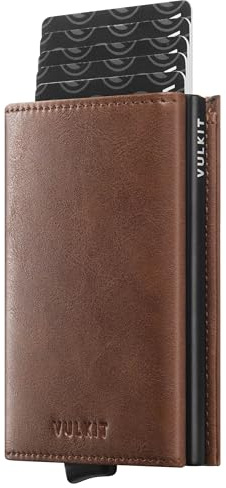 VULKIT Credit Card Holder RFID Blocking Mens Leather Bifold Card Wallet Automatic Pop Up for 9 Cards with ID Window & Coin Pocket