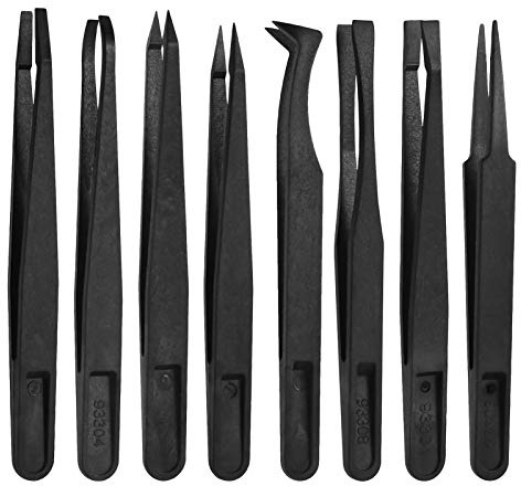 QINREN 8Pcs Anti-static Plastic Tweezers Set | Multifunctional Precision Tweezers Set Slant Flat Tip Pointy/Curved Tips for Electronics Jewelry-Making Repairing