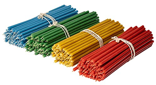 Diveevo Ritualkerzen - Candele di cera d'api, giallo, rosso, verde, blu, 200 pezzi, lunghezza 18,5 cm, diametro 6,1 mm, durata 60 min; naturali