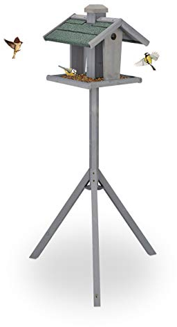 Relaxdays Vogelfutterhaus mit Ständer, Silo, wetterfestes Dach, Garten, Holz Vogelhaus HBT 135 x 67 x 56 cm, grau/grün