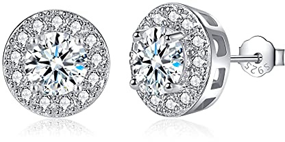 CERSLIMO Silver Stud Earrings for Women Girls, Round Faux Diamond Halo Earrings | Teardrop Cubic Zirconia Stud Earrings - Dainty Bridal Earrings Jewelry for Brides Bridesmaids Wedding