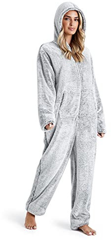 CityComfort Jumpsuit Damen Kuschelig Fleece Einteiler Schlafanzug Onesie Damen S-XL (Zweifarbiges Grau, M)