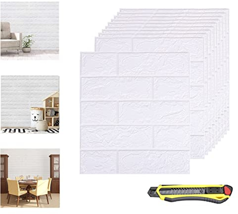 Hyesrtey 10pezzi 3D Carta da Parati Adesiva Mattoni Bianco,Moderna Muro di Mattoni Adesivi Pannelli,Impermeabile Wallpaper per Camera da Letto Soggiorno Moderno Sfondo TV Décor (35 x 38.5 cm, Bianco)