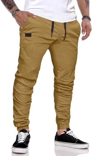 JMIERR Pantalones de Trabajo Hombre Casuales Deporte Elásticos Joggers Largos Pants con Bolsillos Algodón Slim Fit Cargo con cinturón con cordón, Caqui-3 S