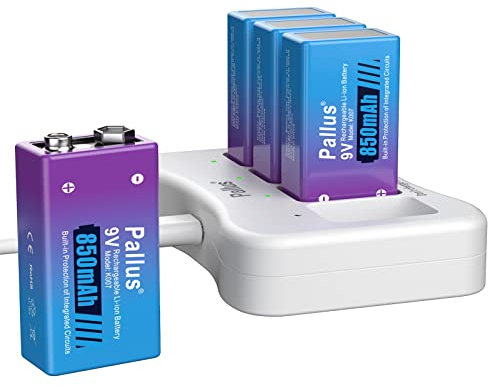 Pallus 9 V Lithium Akku, 4 Pack Wiederaufladbare 9 V Blockbatterien mit 4 Unabhängigen Steckplätzen, Intelligentes Ladegerät, Hohe Kapazität 850 mAh, Bis zu 1300 Zyklen