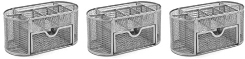 OSCO Wire-Mesh Desk Organiser with Drawer – 8 Compartment Metal Mesh Desk Tidy & Office Storage Pen Holder for Home, Office, Study, Rulers, Scissors, Smartphone – 3 Pack, Silver
