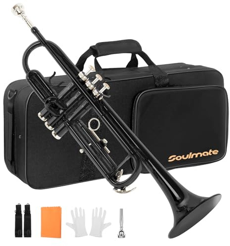 Soulmate Trumpet Brass Standard Bb Trumpet Instrument for Student School Band Orchestra Adult Beginner with Hard Case, Cleaning Kit, 7C Mouthpiece and Gloves, Black
