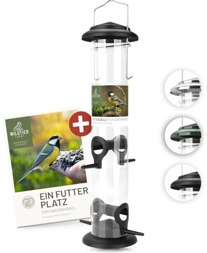 wildtier liebe Körner Futtersäule, Vogelfutterspender 38cm, Schwarz - aus rostfreiem Metall I Vogel-Futterstation, Vogelfutter-Säule, Wildvögel Futtersilo I Ganzjährige Vogelfütterung