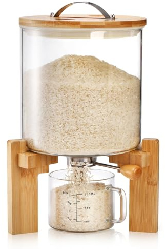 Tlence Dispensador de arroz de vidrio de 5 litros, contenedor de cereales de harina con soporte de bambú, contenedor hermético grande de almacenamiento de alimentos, tanque de organización de arroz
