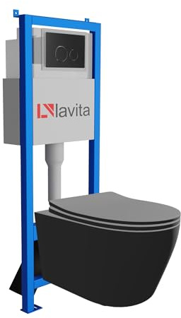 Lavita LAV 101 LAV 200.4.4 - Elemento de pared para inodoro de 40 cm + lavabo profundo para inodoro Praia negro sin borde + placa de control LAV 200.4.4 negro | juego completo | cisterna empotrada |