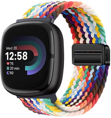 Yeahxing Geflochtene Magnetisch Armband Kompatibel mit Fitbit Versa 4/Versa 3/Sense 2/Sense 1,Weiche elastische Nylon Sport Loop Strap mit Magnetverschluss für Frauen Männer