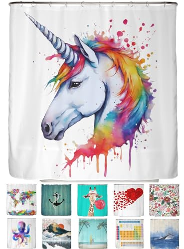 arteneur® - Wasserfarben Einhorn - Anti-Schimmel Duschvorhang 180x200 - Recycelt mit Öko-Tex Standard 100 - Beschwerter Saum, Blickdicht, Wasserdicht, Waschbar, 12 Ringe & E-Book