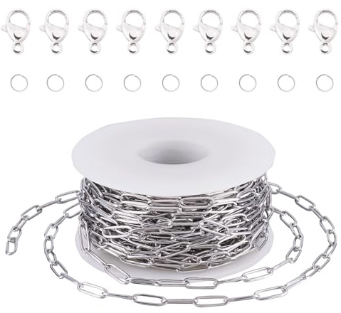 Bestewelry Catene a maglia ovale saldata in acciaio inox 304, 10 m, con anellini aperti, chiusura a moschettone, per la creazione di gioielli