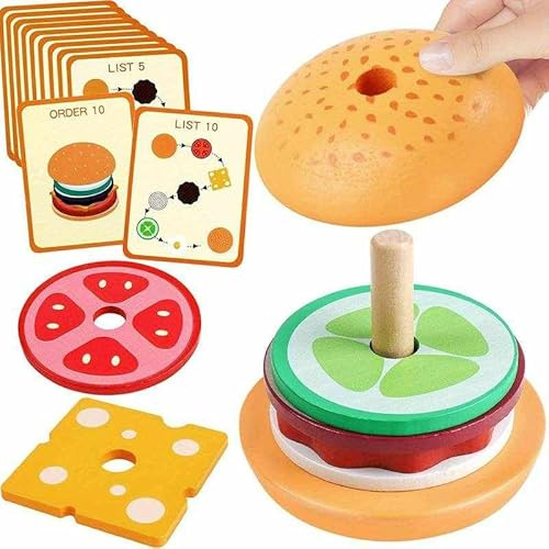 PLAYZOCO Juguete Hamburguesa para Apilar De Madera, Set de Hamburguesa Apilable, Juguete Educativo, Juego Cocina niños, Juguete de Madera niños, Apto Mayores de 3 años, Diseño Hamburguesa