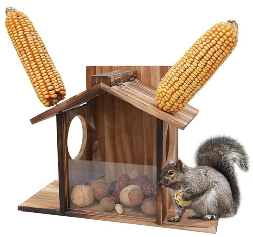Mangiatoia in legno per scoiattoli, casa per scoiattoli con tetto flessibile, stazione di alimentazione per scoiattoli di grande capacità, mangiatoia per scoiattoli per giardino, stazione di