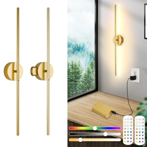 Trådlös Vägglampa Inomhus Med Fjärrkontroll Och Beröringsbrytare, 2 Pack, USB Laddbar Vägglampa, 8000mah Avtagbart Batteri, LED Dimbar, 15 Färger, 360° Rotation, Timer, Guld, 100CM