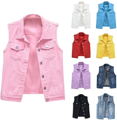 HUIFUAO Veste en jean sans manches pour femme, grande taille, gilet en jean boutonné à revers avec poche, gilet vintage vieilli, bleu clair, XXL