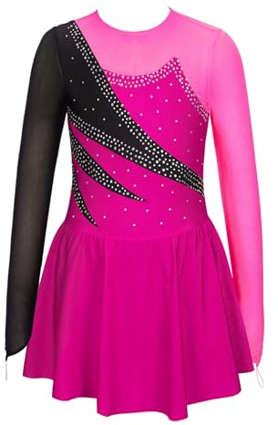 Miaeowve Vestido de patinaje artístico para niños y niñas, vestido de patinaje con brillantes, manga larga, vestido de ballet, patchwork, vestido de entrenamiento, vestido de competición, disfraz de