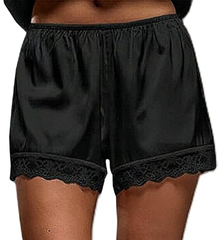 Women Satin Pajama Bottoms Lace Trim Elastic Waist Silky Slip Booty Shorts Lounge French Knickers (black, L)