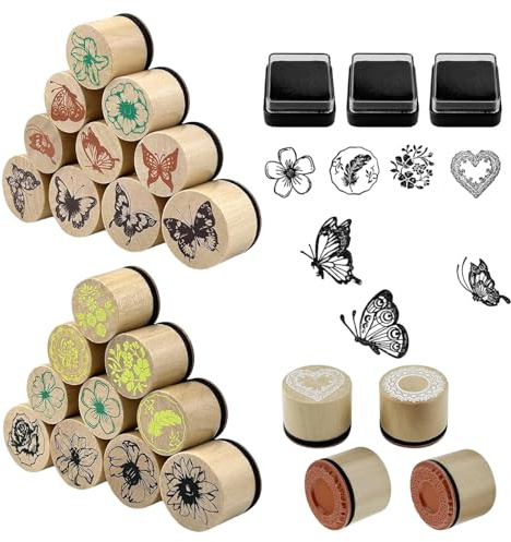 SZSMW 3 Scatole Wooden Stamps - Stempel Set - Stempel Blumen - Perfetto per Decorare Diari di Viaggio, Biglietti di Auguri, Etichette Regalo,Album Fotografici,Album di Ritagli,Lettere,Impasti,Dipinti