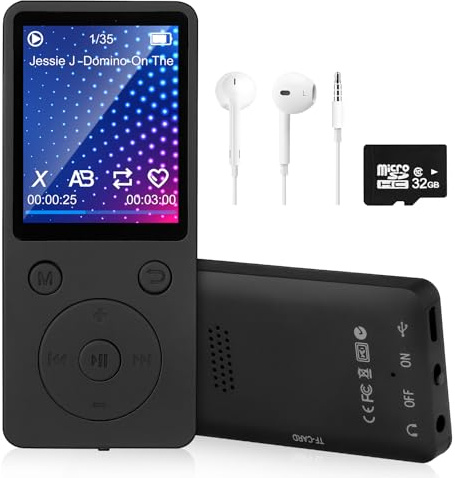 Lettore MP3 con Bluetooth 5.2, 32GB Memoria, Schermo da 1,8 Pollici, Lettore Musicale MP3 Portatile con Funzione Video, E-book, Registratore Vocale e Altoparlante Integrato