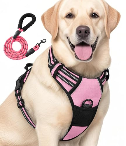 Jomkig No Pull Dog Harness Reflective No-Choke Harness with Front Back Clips Adjustable Soft Padded Pet Vest with Easy Control Handle for Large Dogs, Pink, X-Large
