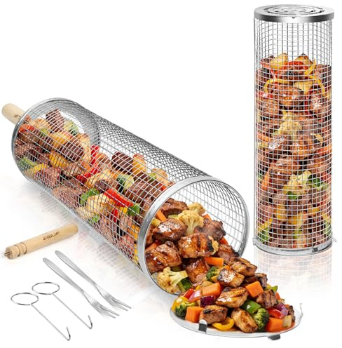 Ezilif Rullande Grillkorgset, avtagbart trähandtag, 304 rostfritt stål, grilltillbehör för grönsaker, kött och skaldjur, kan användas för kolgrill, gasgrill, campingprylar, presenter födelsedag