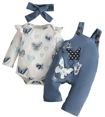 LUVCES Vestiti Set di Pantaloni a Bretelle per Bambina Neonata Tutina Top con Volant Stampa a Cuori + Carina Elefante Salopette + Fascia Autunno Inverno Abiti Set Farfalla blu 0-3 Mesi
