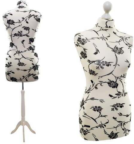 LUCCESI | Schneiderpuppe | Zum Probierpreis! | Größen S - XL (Female ♀) | Torso Size: L (40-42) | Wechselbezug Creme-Weiss/florales Muster (schwarz) | Standfuss Weiss | Damen - Schaufensterpuppe