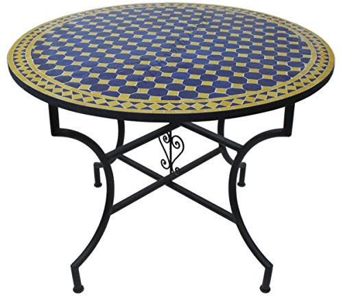 Saharashop Orientalischer Mosaiktisch Rund Ø 100 cm Blau-Gelb, Terrassentisch, Gartentisch, Mediterraner Fliesentisch, Beistelltisch-Handarbeit, Balkontisch Bistrotisch Kaffeetisch