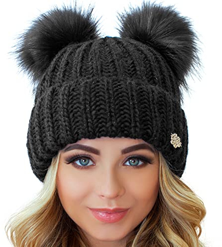 niceacsrise Beanie Women - 2 Pom Cable Knit Winter Warm Fleece Hat - Wool Snow Cuff Ski Cap (US, Alpha, One Size, Black)