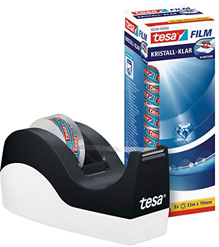tesa Easy Cut Tischabroller ORCA - rutschfest, einfache Handhabung, sauberer Schnitt - mit 8 Rollen tesafilm kristall-klar 33m:19mm, Schwarz-Weiß, ORCA + 8 Rollen tesafilm kristall-klar