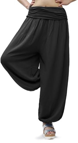 Gloop Damen Pumphose Haremhose Freizeithose Sommerhose Hose in Blumen Muster oder UniFarben HS201701 (DE/NL/SE/PL, Alphanumerisch, M, L, Regular, Regular, Schwarz 13090a31)