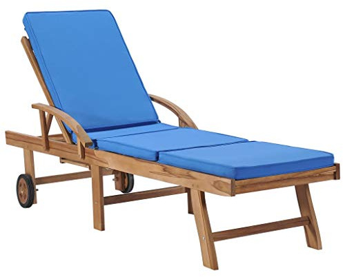 Festnight Transat de Jardin avec Coussin Bain de Soleil en Bois de Teck Solide Bleu