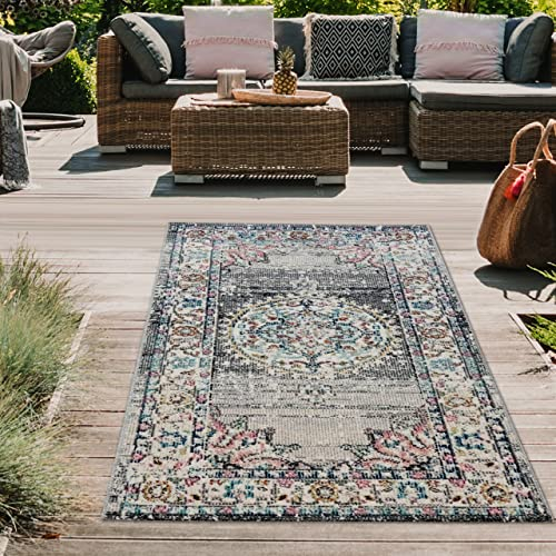 Teppich-Traum orientalischer Vintage LÄUFER für In- & Outdoor Blumenmotiv grau blau Größe 80x150 cm