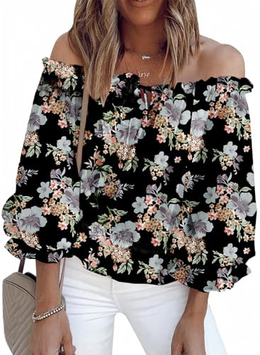 BLENCOT Summer Sexy Off Shoulder Blouse for Women 3/4 Ruffle Sleeve Floral Chiffon Shirts Tops Black M