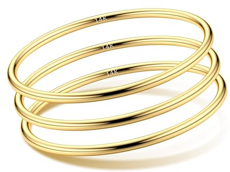 Morfetto 3 Pièces Bracelet Jonc Femme Acier Inoxydable Plaqué Or 14 Carats 3mm Épaisseur Argent Or Brillant Empilable Design Rond​​ Bracelets Bijoux pour Femme G-3inch