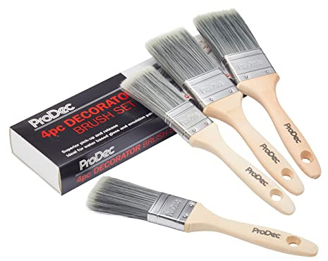 ProDec Decorator Lot de 4 pinceaux à Fibres synthétiques pour émulsions, peintures Brillantes et satinées sur Murs, plafonds, Bois et métal